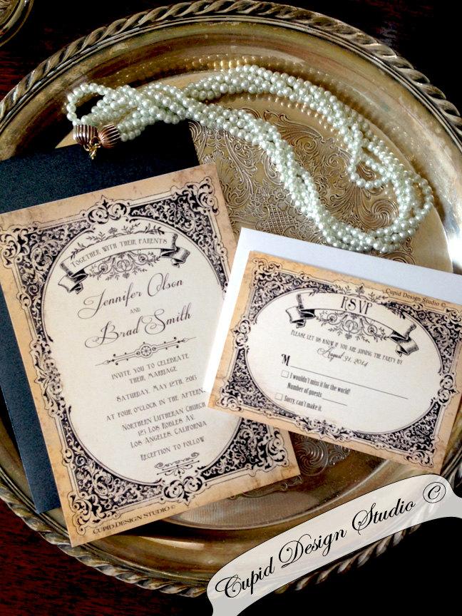 Wedding - Gold and Black wedding invitations. Royal wedding invitations. Ornate Wedding invites. Elegant Wedding invitation. Custom Personalized.