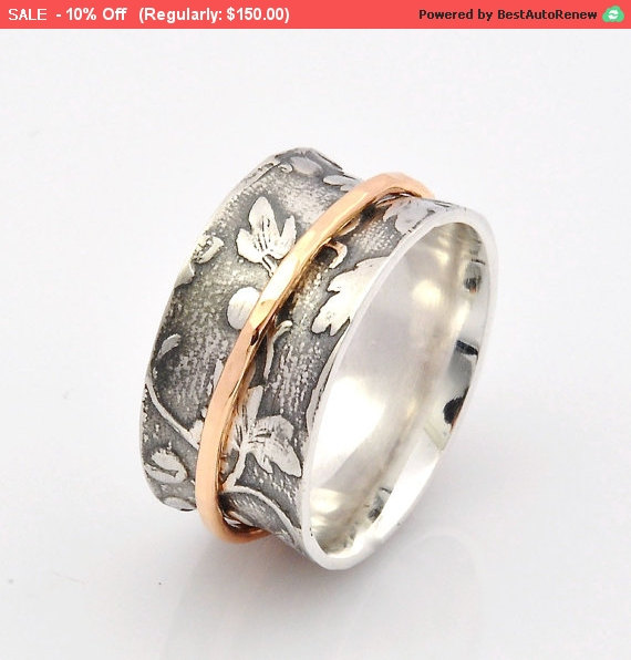 زفاف - Spinner Ring, Leaf Motif Ring and Solid Handmade 9ct Gold spinner ,Wedding ring, Nature Inspired, Spinner Ring for women, ROMR2