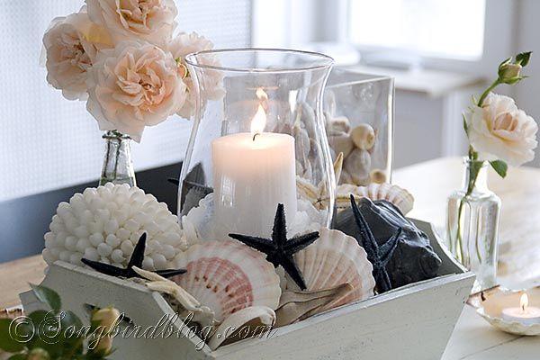 Hochzeit - Nautical Table Decoration With Beach Finds, Shells, Sea Stars And Roses.