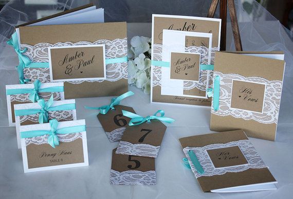 Wedding - Complete Rustic Kraft & Teal Lace Wedding Suite, Rustic Wedding Invitations, Rustic Guest Book, Rustic Table Numbers, Rustic Escort Cards