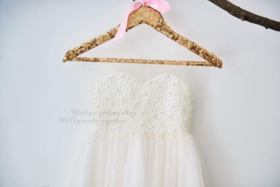 زفاف - Pearl Beaded Champagne Tulle Flower Girl Dress Wedding Junior Bridesmaid Dress M0023