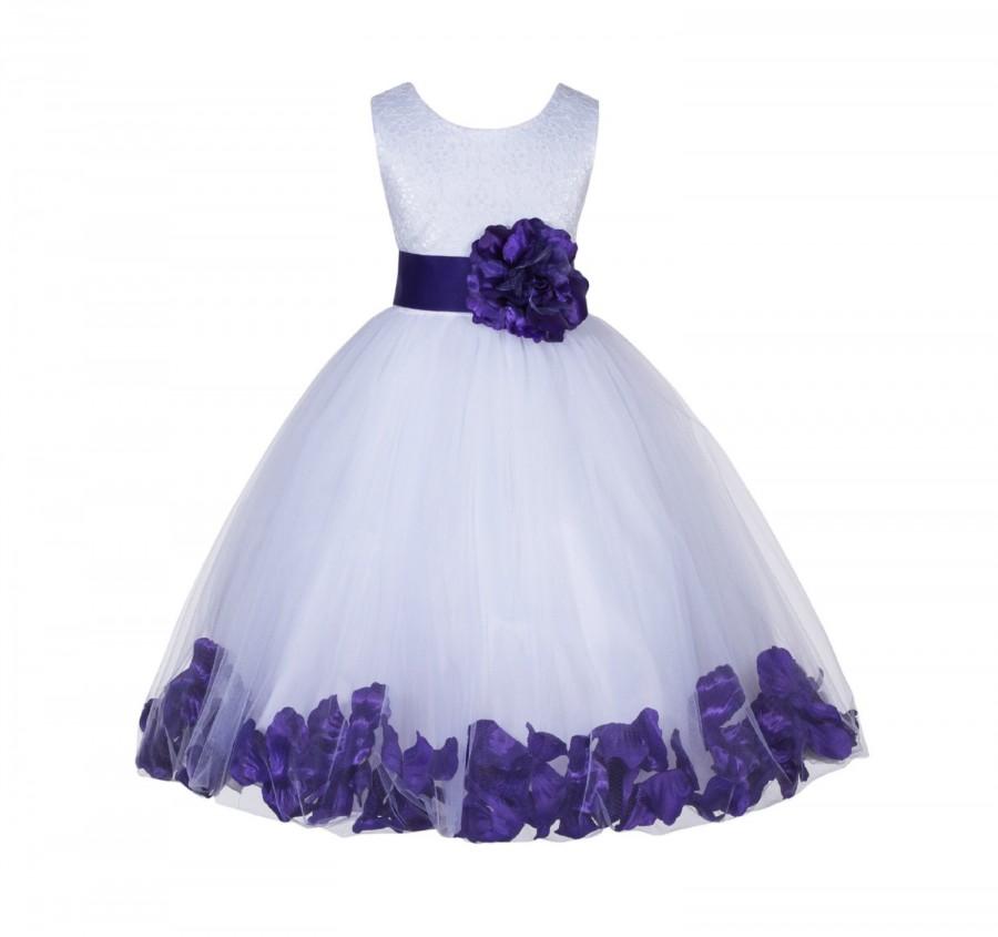زفاف - Floral Lace Bodice Top Rose Petals White Tulle Flower Girl dress pageant wedding bridesmaid toddler elegant 6-9m 12-18m 2 4 6 8 10 12 