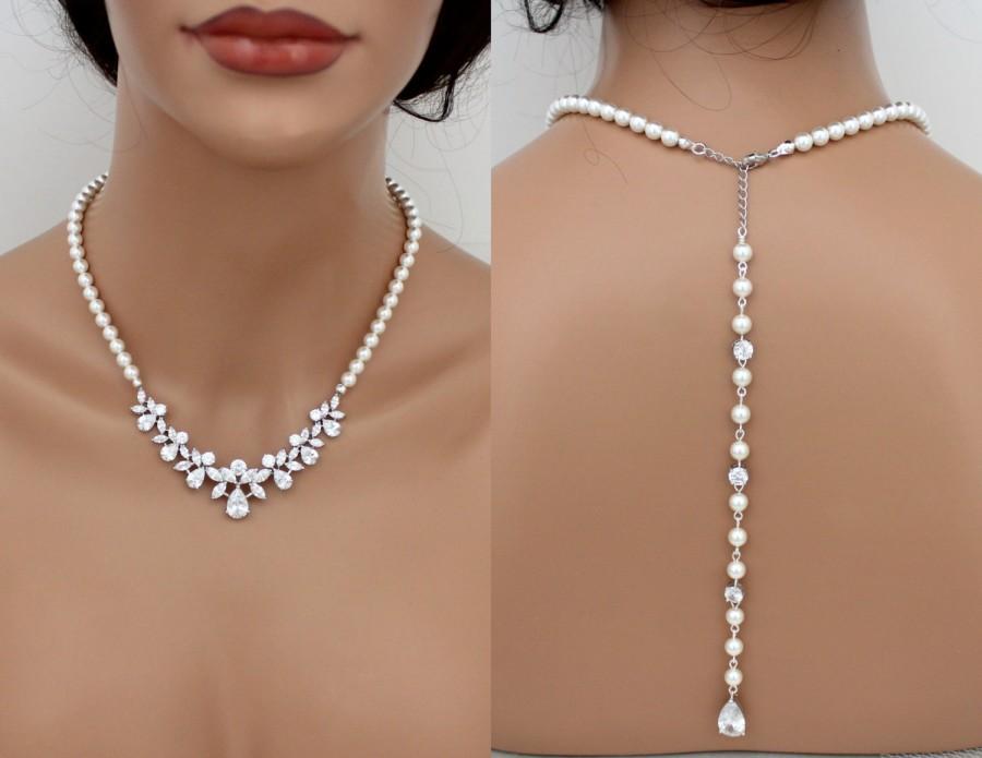 زفاف - Bridal Backdrop necklace, Pearl Wedding necklace, Back drop necklace, Bridal jewelry, Back necklace, Pearl necklace, Crystal necklace