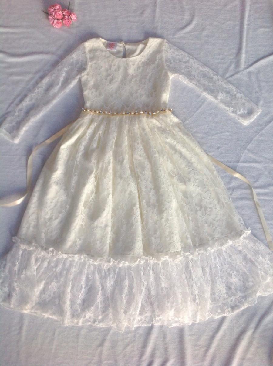 Hochzeit - Flower girl dress, Ivory flower girl dress, long sleeve Flower girl dress, White flower girl dress, Lace flower girl dress ivory
