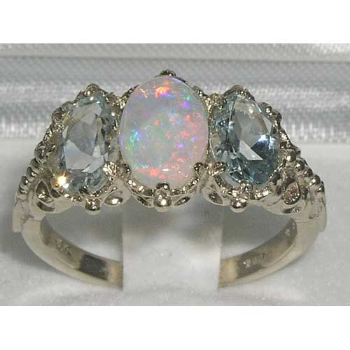 Wedding - English 925 Sterling Silver Genuine Colorful White Opal & Aquamarine Antique Style Carved Ring, Prong Setting 3 Stone Trilogy Ring