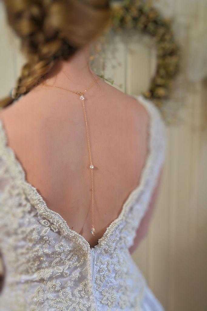 Hochzeit - Bridal back jewelry, goldfilled chain, Swarovski pendant and crystal