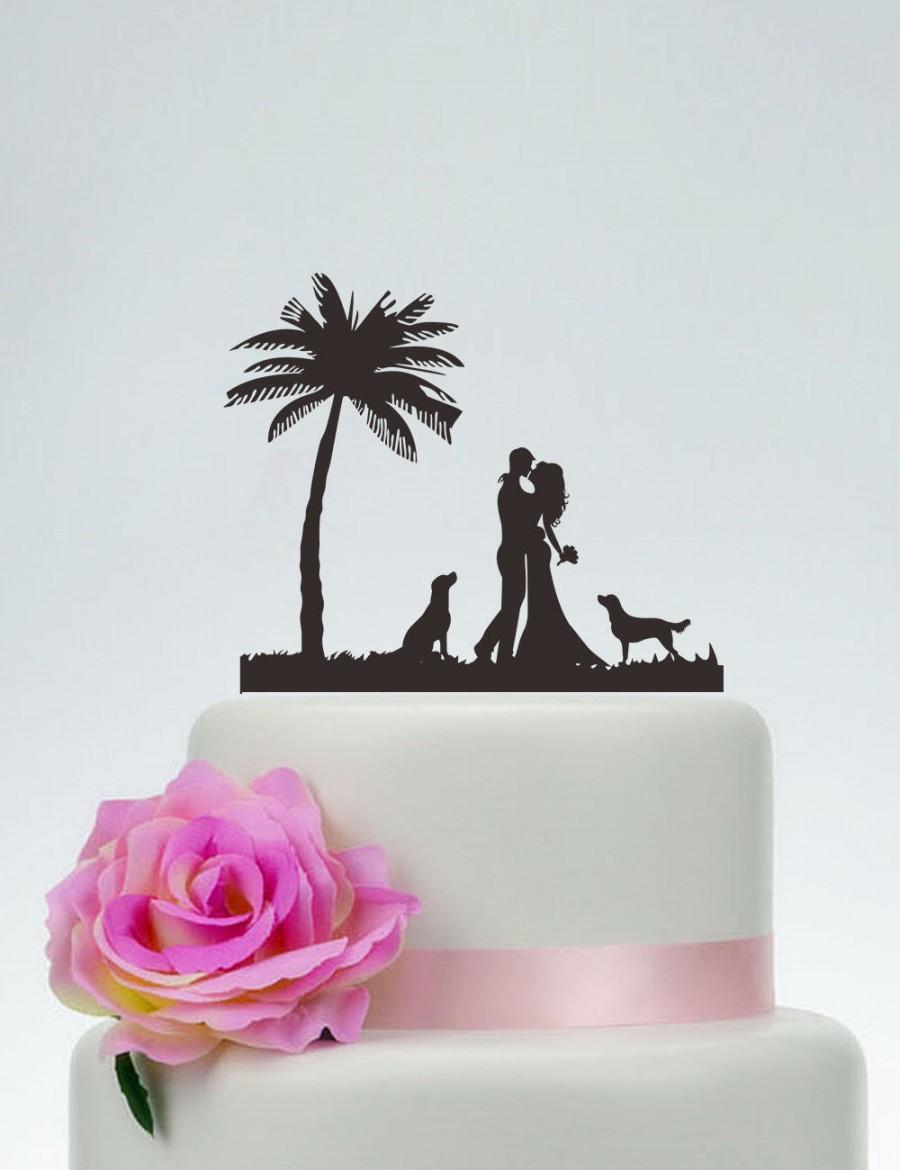 Hochzeit - Groom And Bride Cake Topper with the dog,Wedding Cake Topper,Beach Cake Topper,Palm Tree Cake Topper,Personalized Cake Topper P144