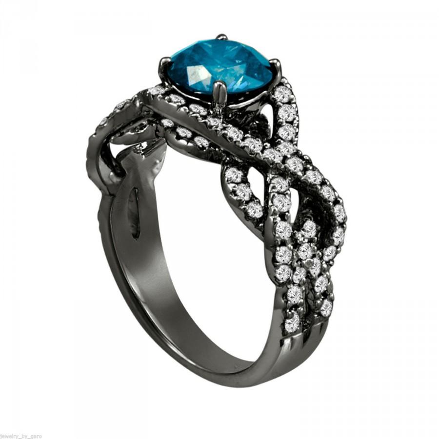 زفاف - Fancy Blue Diamond Engagement Ring 14K Black Gold Vintage Style 1.90 Carat Certifid Unique Handmade