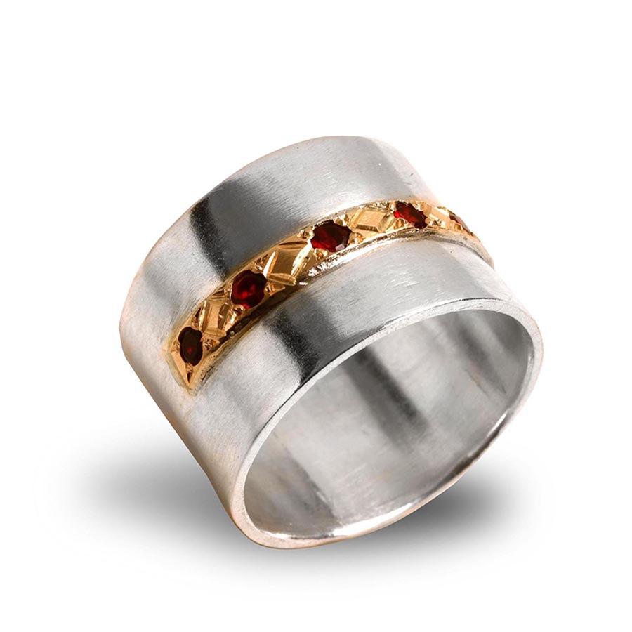 Wedding - Garnet Wedding Band , Eternity Ring , Silver and  Gold Wedding Ring , Garnet Wedding Ring , Wide Wedding Ring , His and Hers , Infinity Ring