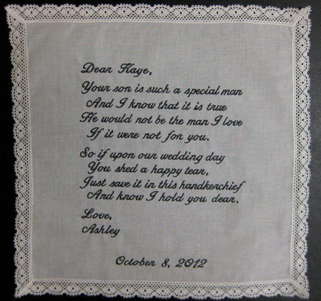 Hochzeit - Mother of the Groom Handkerchief from Bride White with Wedding date and Crochet Border