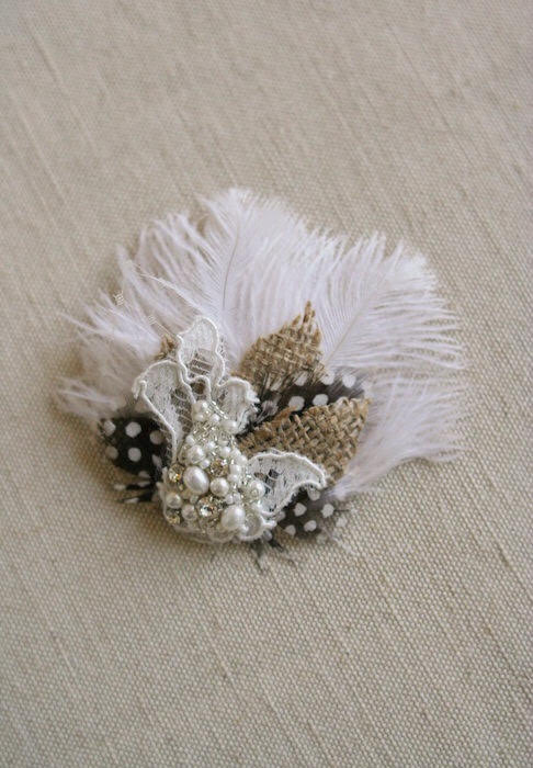 Hochzeit - Vintage Rustic Hair Accessory Wedding Feather Fascinator Clip Bridal Hairpiece Ivory Ostrich Beaded Lace Burlap Rustic Bridal Headpiece