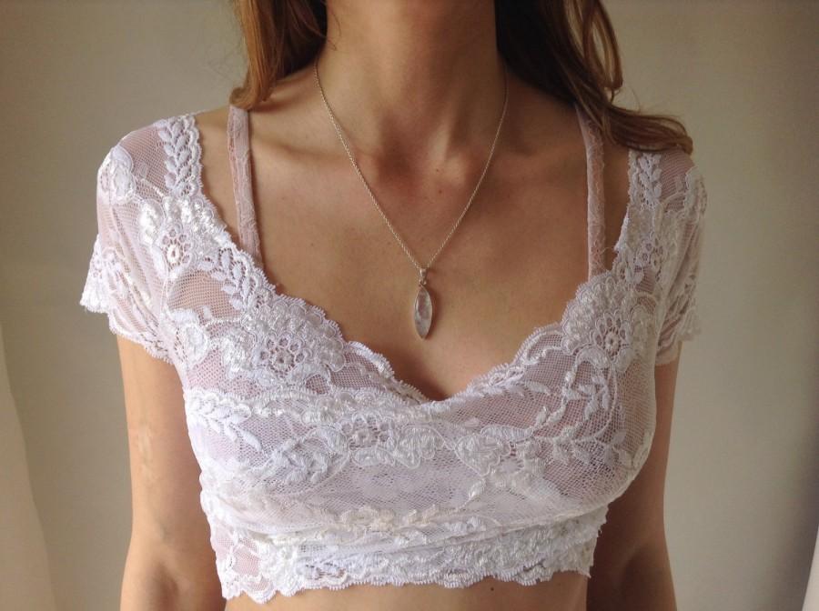 Свадьба - Off the shoulder White Lace Crossover Crop Top from Brighton Lace.