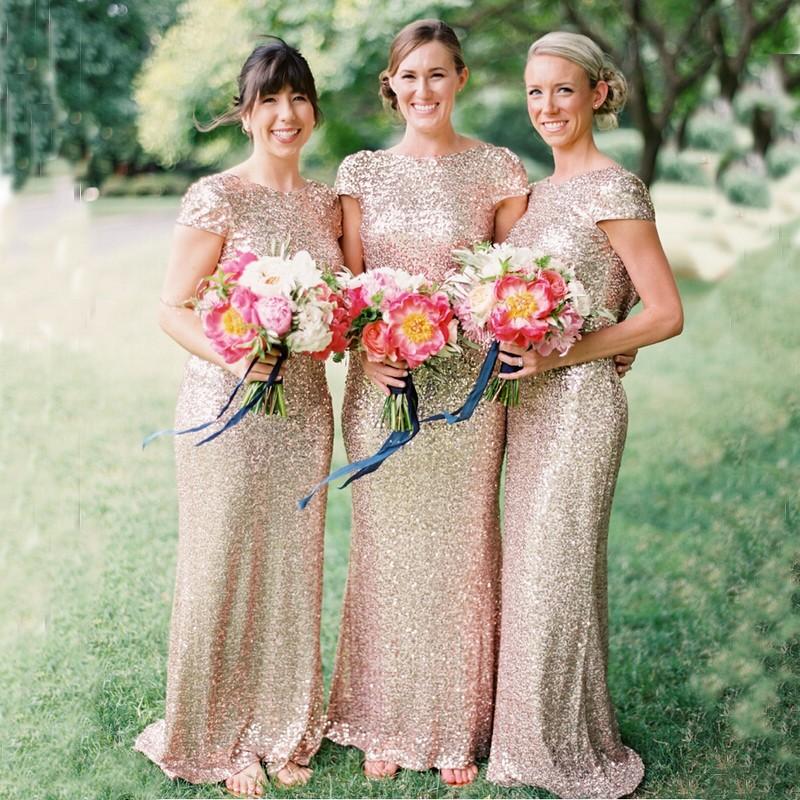 Mariage - Fashion Scoop Sequined Long Backless Gold Bridesmaid Dress With Short Sleeves