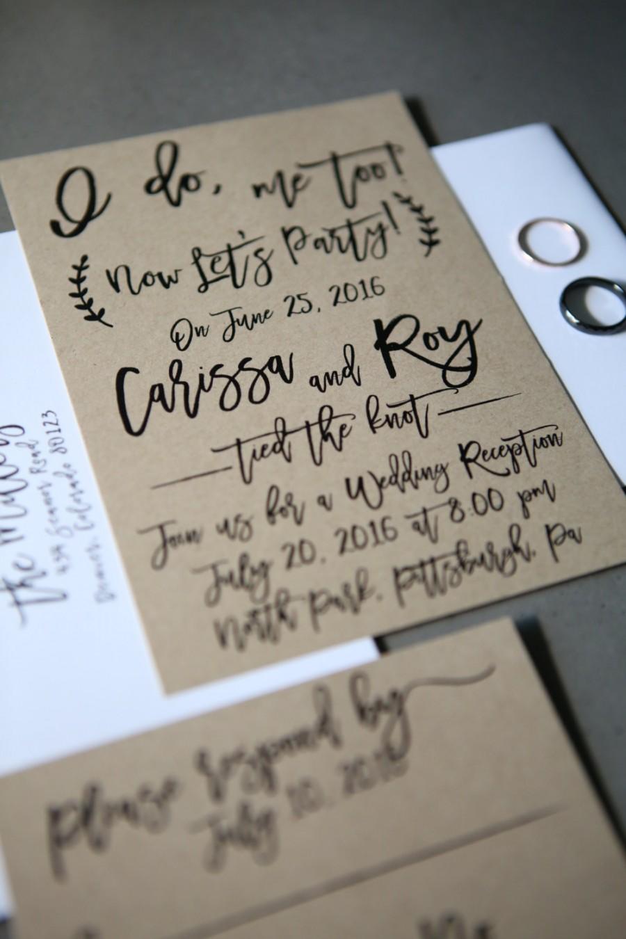 Mariage - I do, me too, Now Let's Party! Elopement, Wedding Announcement, Post-Wedding Reception invitation + RSVP card, Kraft Paper, calligraphy