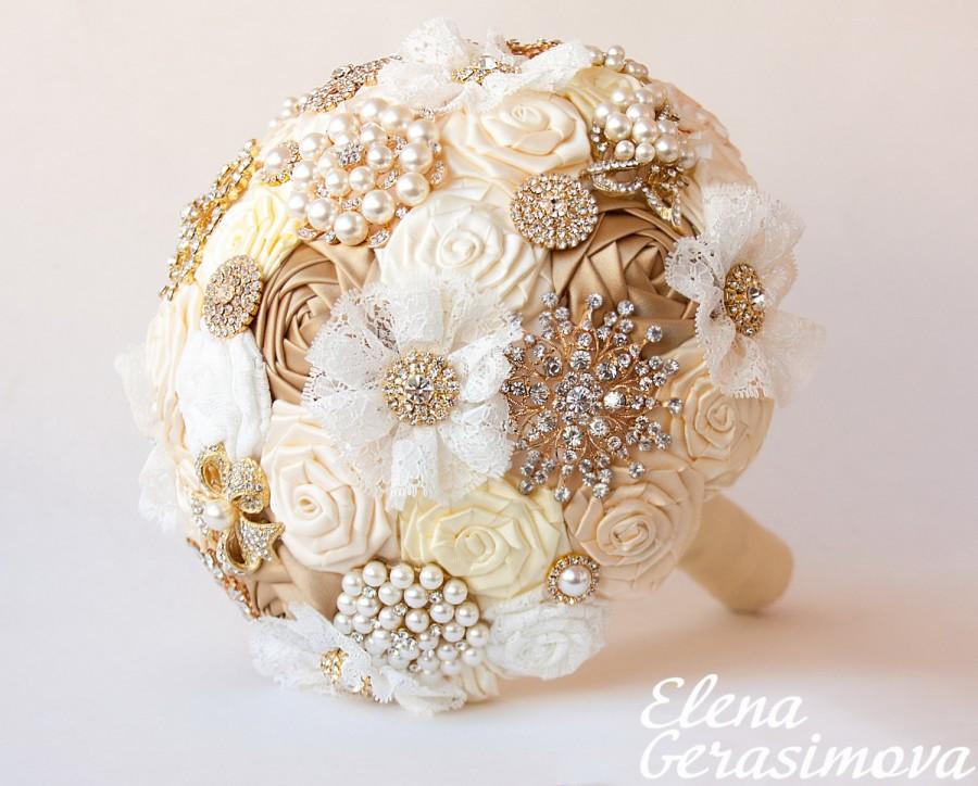 زفاف - SALE!!! Brooch Bouquet. Gold Ivory Fabric Bouquet, Unique Wedding Bridal Bouquet