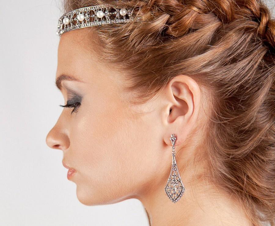 Wedding - Art deco earrings Drop earrings Bridal earrings Wedding earrings Sterling silver earrings for brides Dangle earrings Gatsby earrings