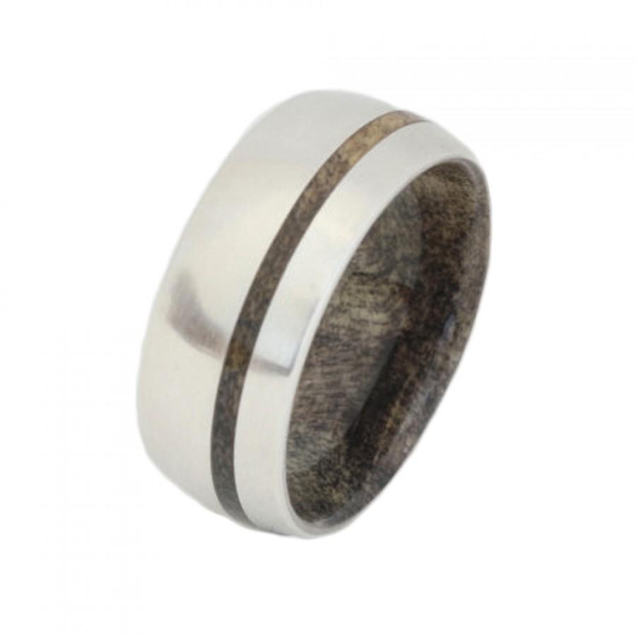 Hochzeit - Wood Ring - Inner Buckeye Burl Wood Sleeve and Pinstripe Inlay Sterling Silver Ring, Ring Armor Included