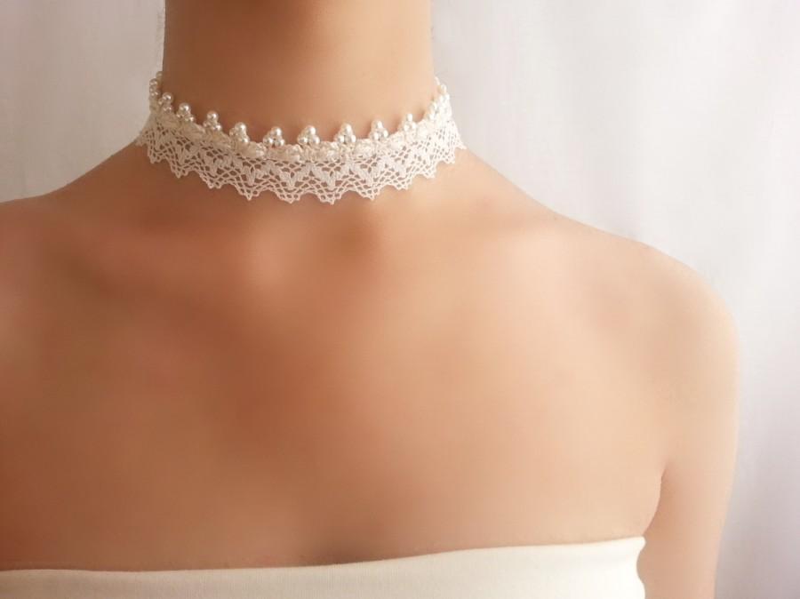 Wedding - Lace pearl necklace , Ivory bridal choker , Romantic necklace , Vintage style choker , Wedding elegance , Retro pearl necklace , Statement 