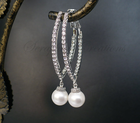 Mariage - Long Bridal Pearl Earrings Long Swarovski Pearls Wedding Jewelry Cubic Zirconia V Shaped K050