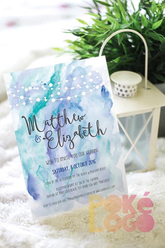 Mariage - Watercolor wedding invitation set, blue aqua green watercolour, DIY, Printable, digital, invite, Fairy Lights String Lights, watercolor