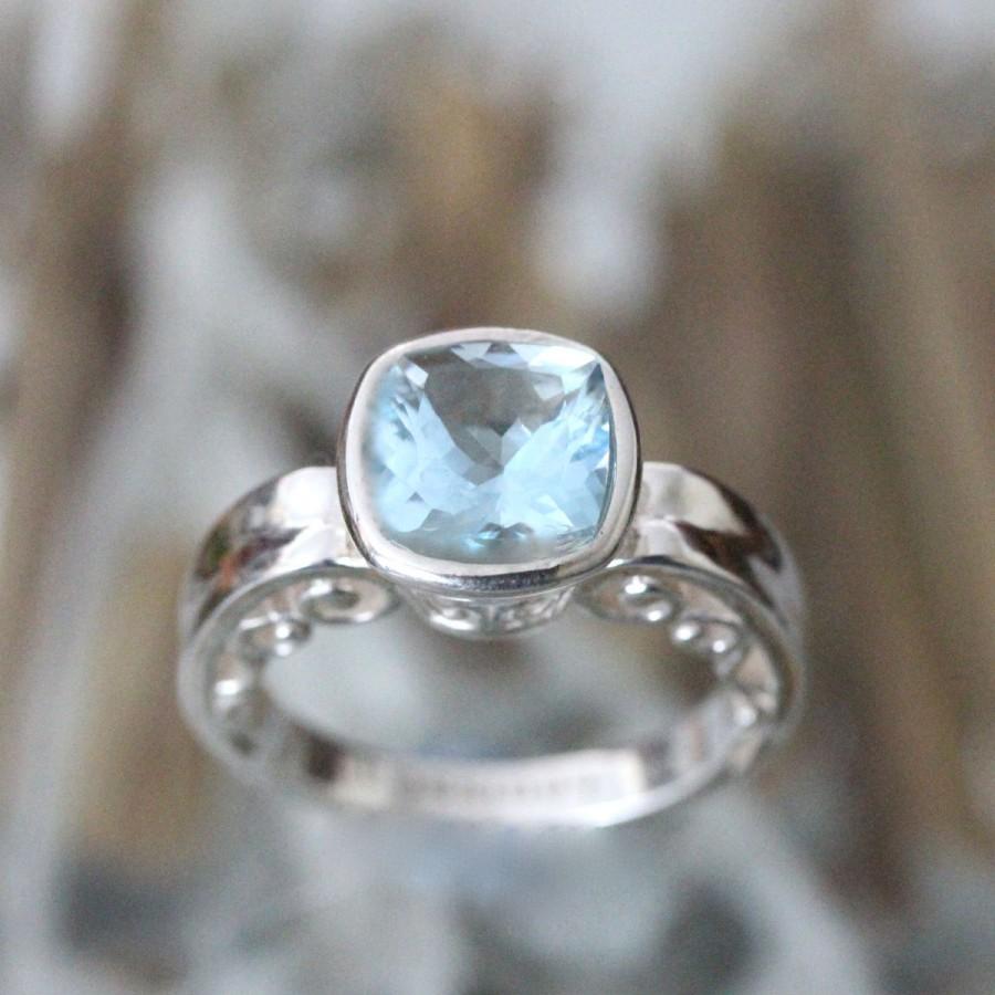 Wedding - Genuine Aquamarine Sterling Silver Ring, Gemstone Ring, Cushion Shape, Engagement Ring, Stacking Ring, Eco Friendly, Art Deco -Made To Order