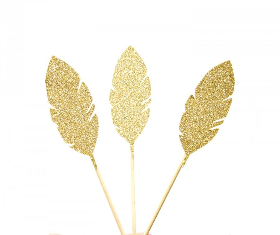 Hochzeit - 12 Gold Glitter Feather Cupcake Toppers  -  Birthday Cupcake Topper, gold birthday cake topper, wedding cupcake topper