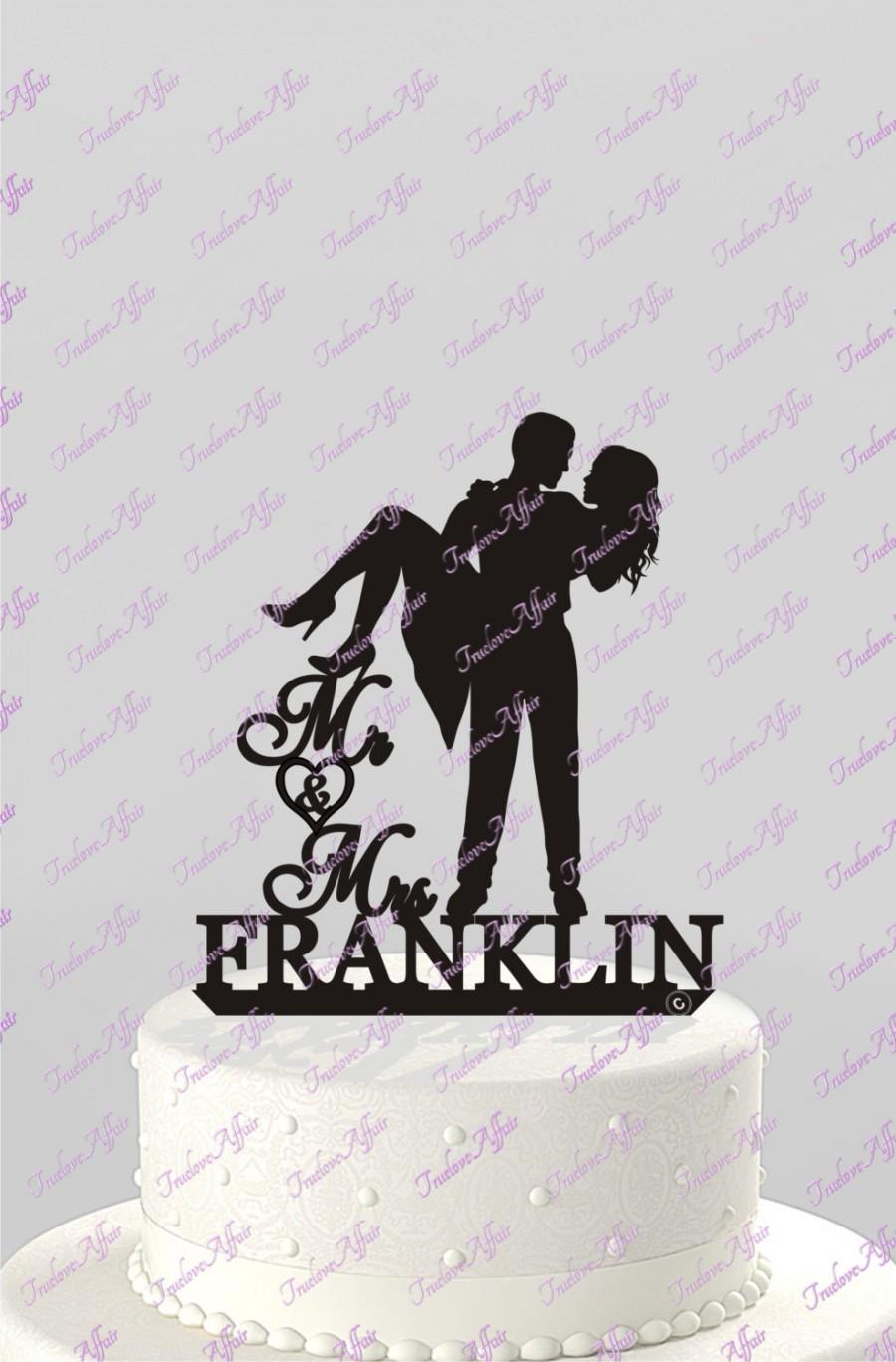 Hochzeit - Wedding Cake Topper Groom Lifting holding his Bride, Silhouette Couple, Mr & Mrs Personalized with Last Name, Acrylic Cake Topper [CT68n]