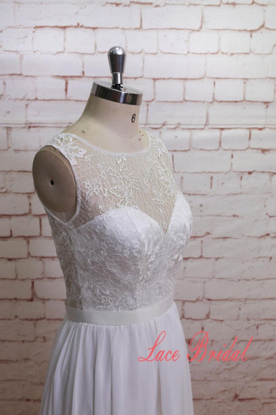 Hochzeit - Ivory Special Lace Wedding Dress with V-Back A-line Chiffon Skirt Wedding Gown with Illusion Neckline
