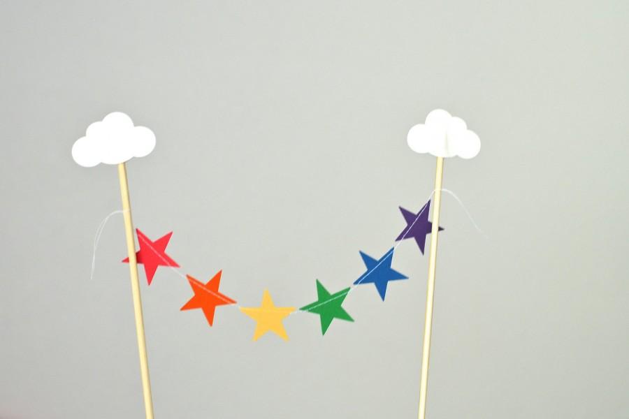 Wedding - Rainbow Clouds and Stars Cake Topper, mini bunting dessert topper