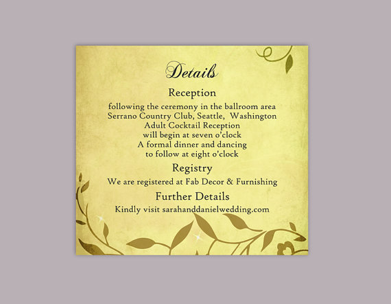 Hochzeit - DIY Rustic Wedding Details Card Template Editable Word File Instant Download Printable Vintage Yellow Gold Details Card Leaf Enclosure Card
