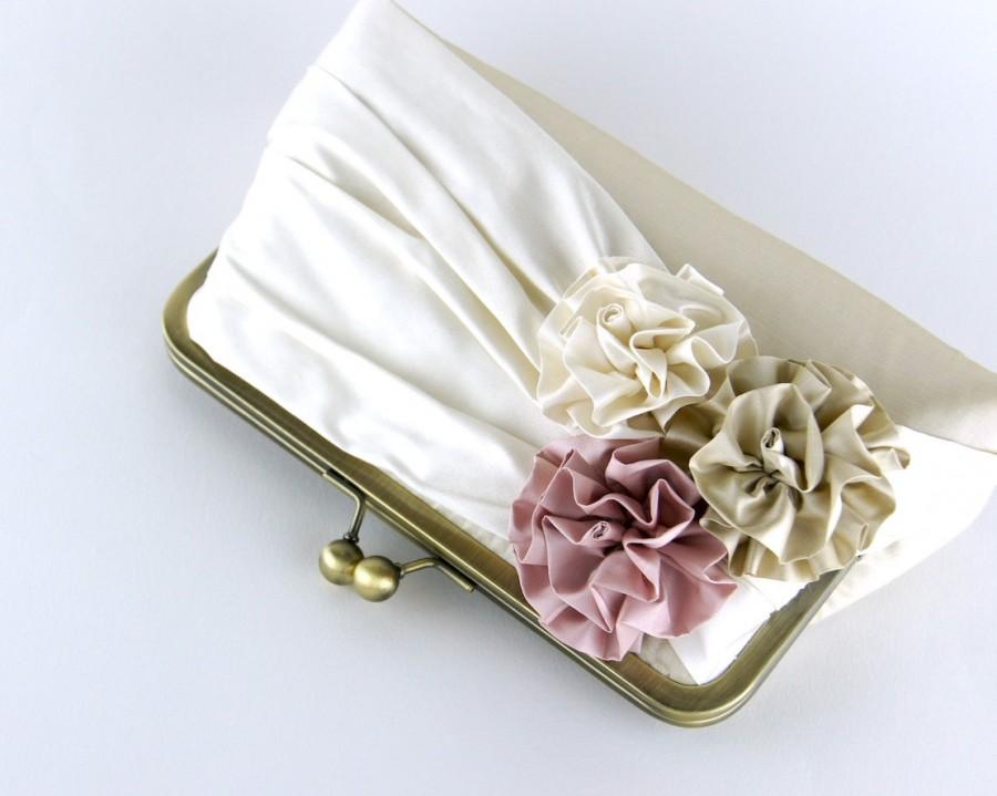 زفاف - Roses Silk Clutch in Ivory, Champagne and Pink, wedding clutch, wedding bag, bridesmaid clutch, Bridal clutch