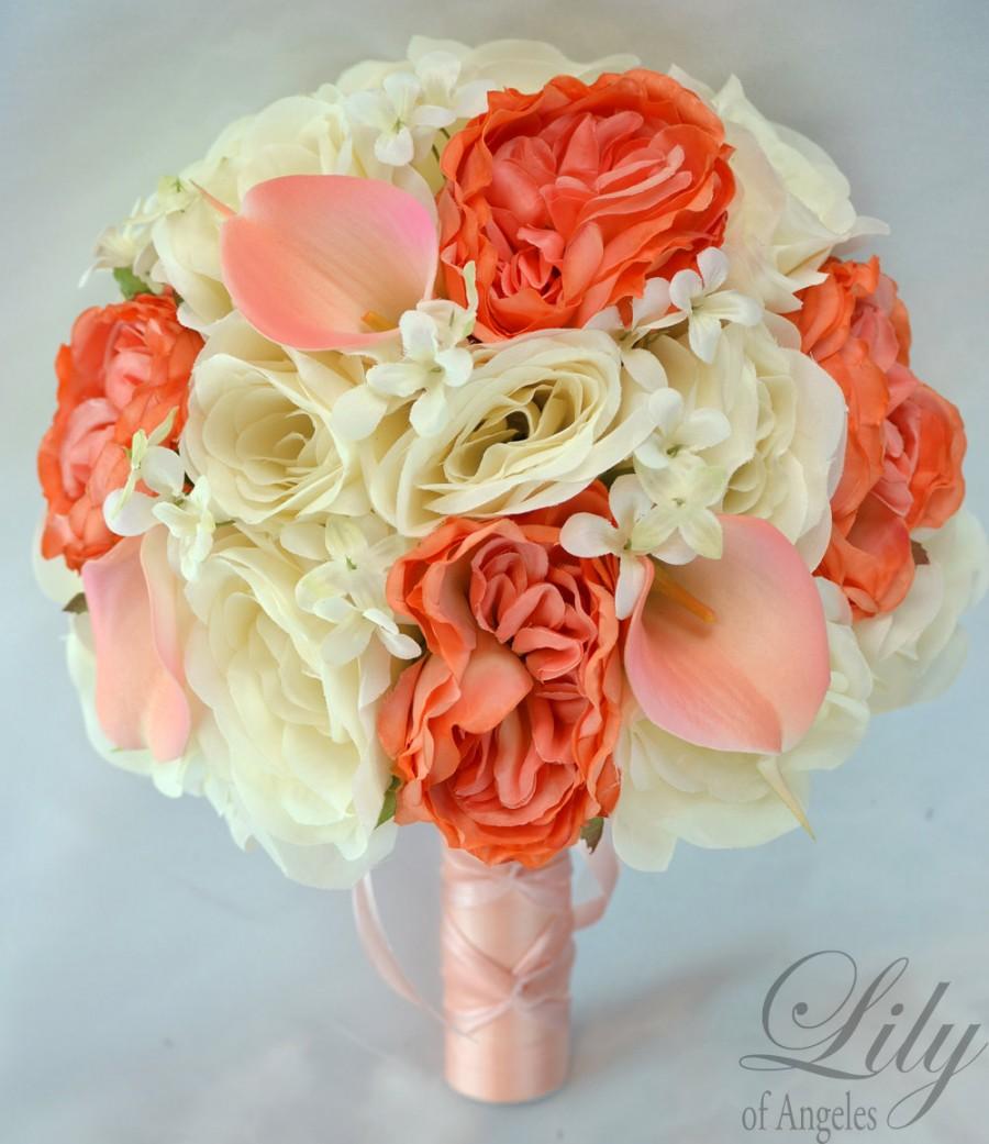 Wedding - 17 Piece Package Silk Flowers Wedding Bridal Party Bouquets Bride Bouquet Decoration Centerpieces CORAL PEACH IVORY "Lily of Angeles" COPE01