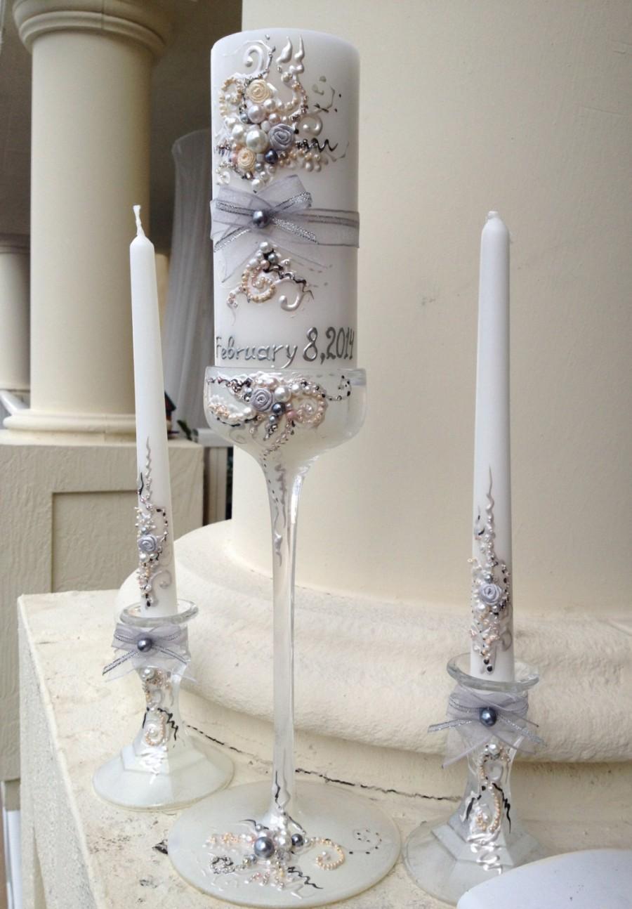 زفاف - Beautiful wedding unity candle set - 3 candles and 3 glass candleholders in ivory, blush and grey silver, wedding reception, unity ceremony