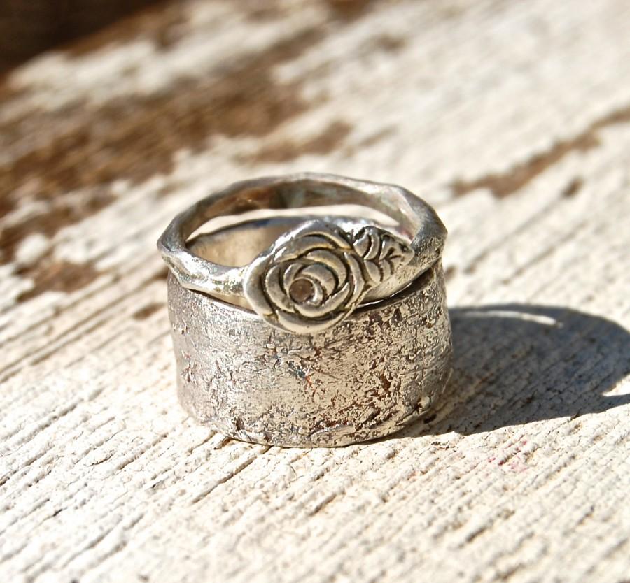 Wedding - Wedding Rings Rose Artisan Romantic white sapphire Narrow band and Wide Rustic Band SET primitive earthy his and hers or engagement wedding