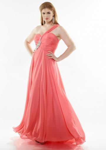 Mariage - One Shoulder Crystals Coral Floor Length Zipper Ruched Chiffon Sleeveless