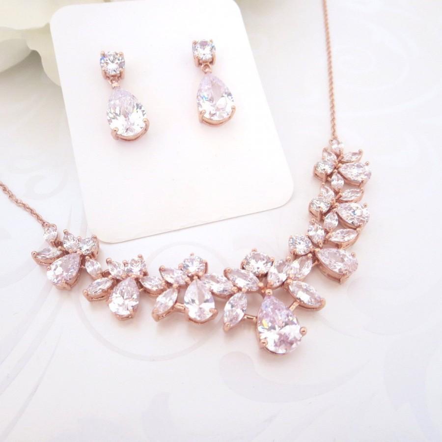 Wedding - Rose gold Wedding jewelry, Rose Gold Bridal necklace, Crystal necklace, Rose Gold earrings, Necklace set, Cubic zirconia jewelry set