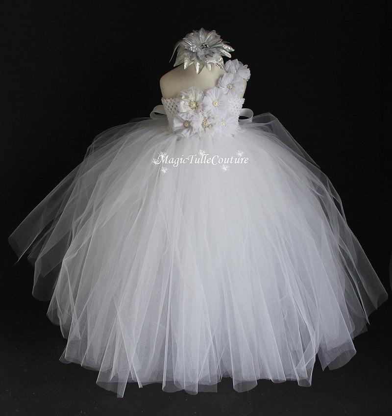 Mariage - Purely white vintage flower girl tutu dress single shoulder straps Junior Bridesmaid Dress 1T2T3T4T5T6T7T8T9T
