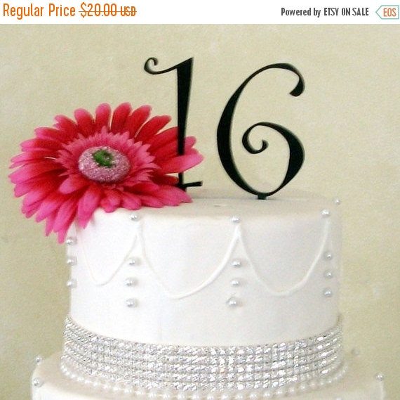 Wedding - ON SALE Sweet 16 Birthday and Anniversary Number Cake Toppers in Black Silver or Gold Mirror