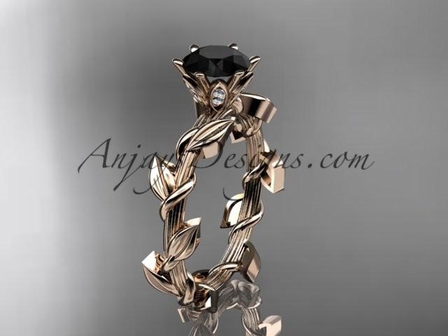 زفاف - Unique 14kt rose gold diamond floral wedding ring,engagement ring with a Black Diamond center stone ADLR248