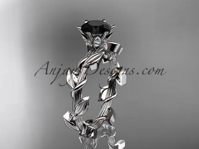 زفاف - Unique 14kt white gold diamond floral wedding ring,engagement ring with a Black Diamond center stone ADLR248