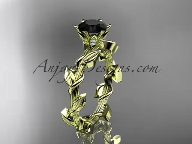 زفاف - Unique 14kt yellow gold diamond floral wedding ring,engagement ring with a Black Diamond center stone ADLR248