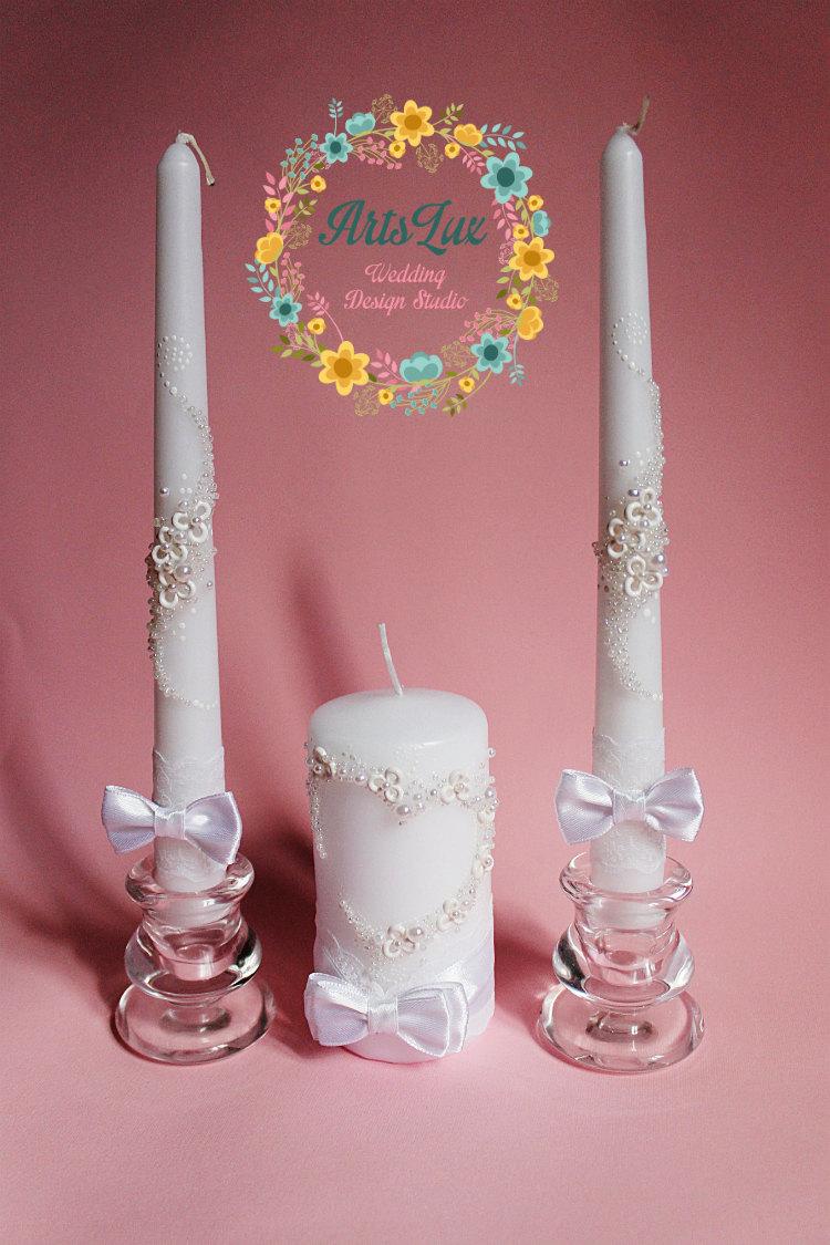 Hochzeit - Wedding Unity Candle Set in romantic style - Beautiful wedding candle set handmade in white - Wedding Candles - Wedding ceremony - Gift idea