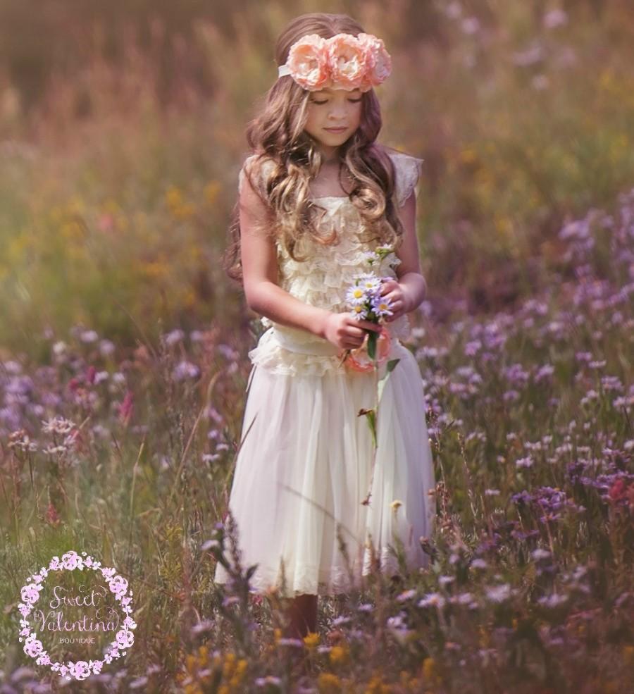 Wedding - Flower girl dress, rustic flower girl  dress,country lace flower girl dress, Peach flower girl dress, Christening dress, Ivory lace dress.
