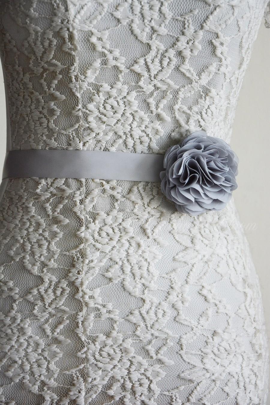 زفاف - Silver Bridal Sash Belt, Wedding Flower Grey Belt, Dress, Chiffon, Flower Girl, Bridesmaid, Belt and Sashes, Tieback headband