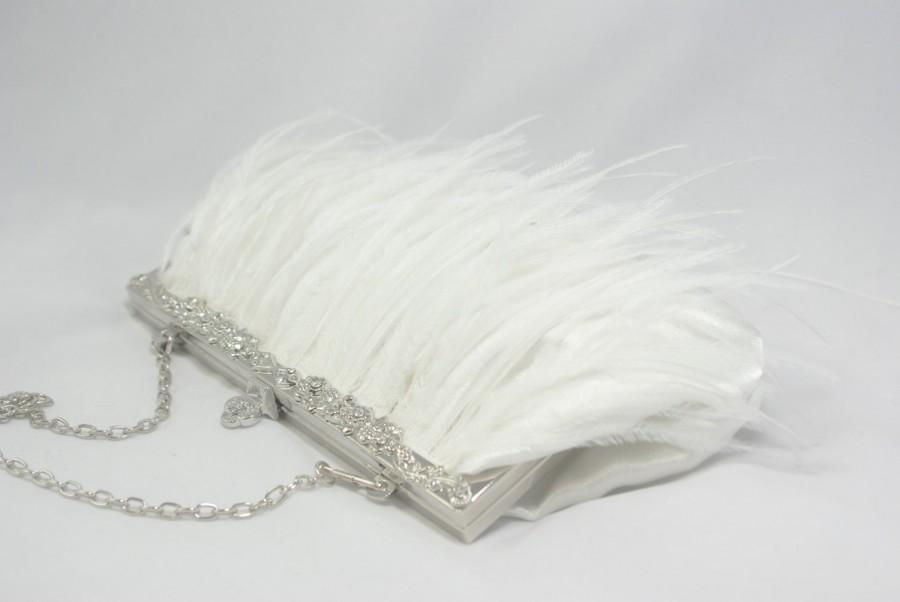 Wedding - 1920s Bridal Feather Wedding Clutch, White Ostrich Feather Bridal Clutch, Wedding Purse, Feather Bridal Clutch Great Gatsby Flapper Bridal