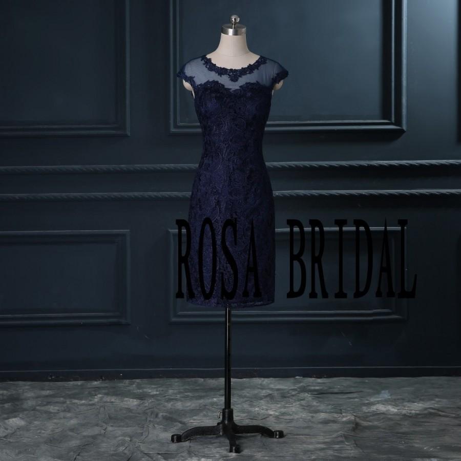 Hochzeit - Short lace bridesmaid dress,  Navy bridesmaid dress Boat neck Custom Size color