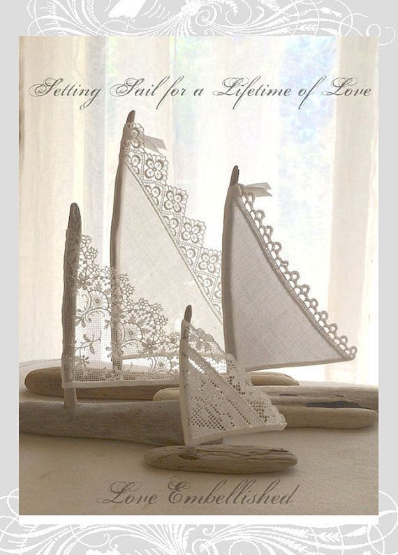 Свадьба - 4 Beautiful Driftwood Beach Decor Sailboats Antique Lace Sails Bohemian Inspired Romance Seaside Lakeside Cottage Wedding Cake Toppers