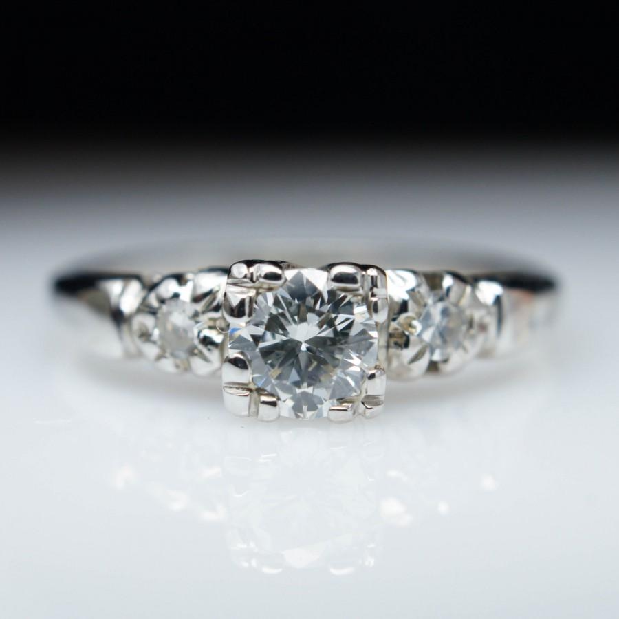 Wedding - Vintage 1940s Art Deco Diamond Engagement Ring in 18k White Gold Vintage Engagement Ring Wedding Band Wedding Set Jewelry