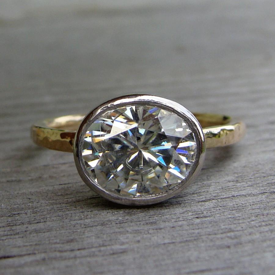 Wedding - Forever Brilliant Oval Moissanite, Recycled 950 Palladium, and Recycled 14k Yellow Gold Stacking Ring, Wedding/Engagement, Eco-Friendly