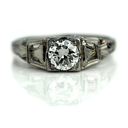 Wedding - Art Deco Antique Engagement Ring .65ctw Old European Cut Antique Solitaire Diamond Vintage 18K White Gold Wedding Ring Size 6.75!